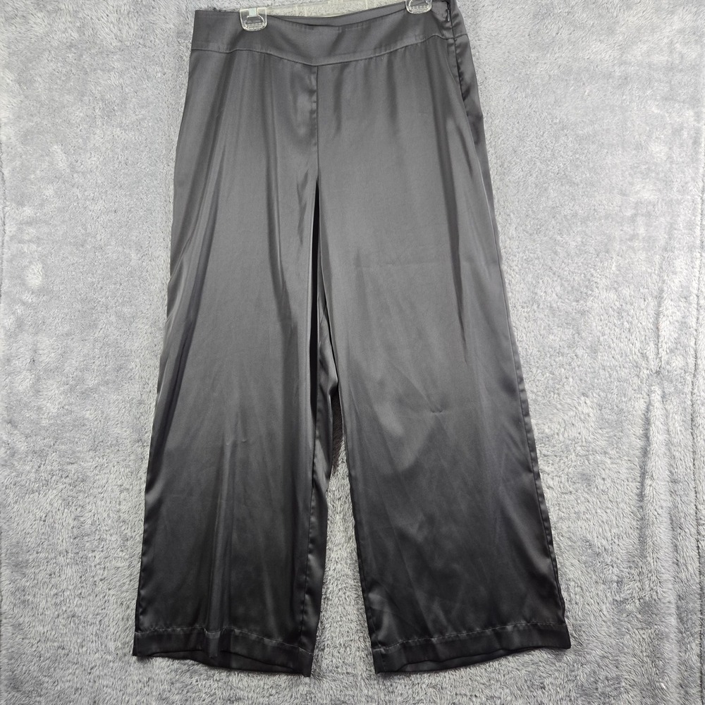 CeCe Women Black Satin Wide Leg Trousers High Rise Side‎ Zip Dress Pants Size 14